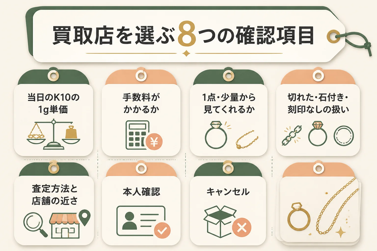 10金の買取店を選ぶ時に確かめたい8つの項目の図解