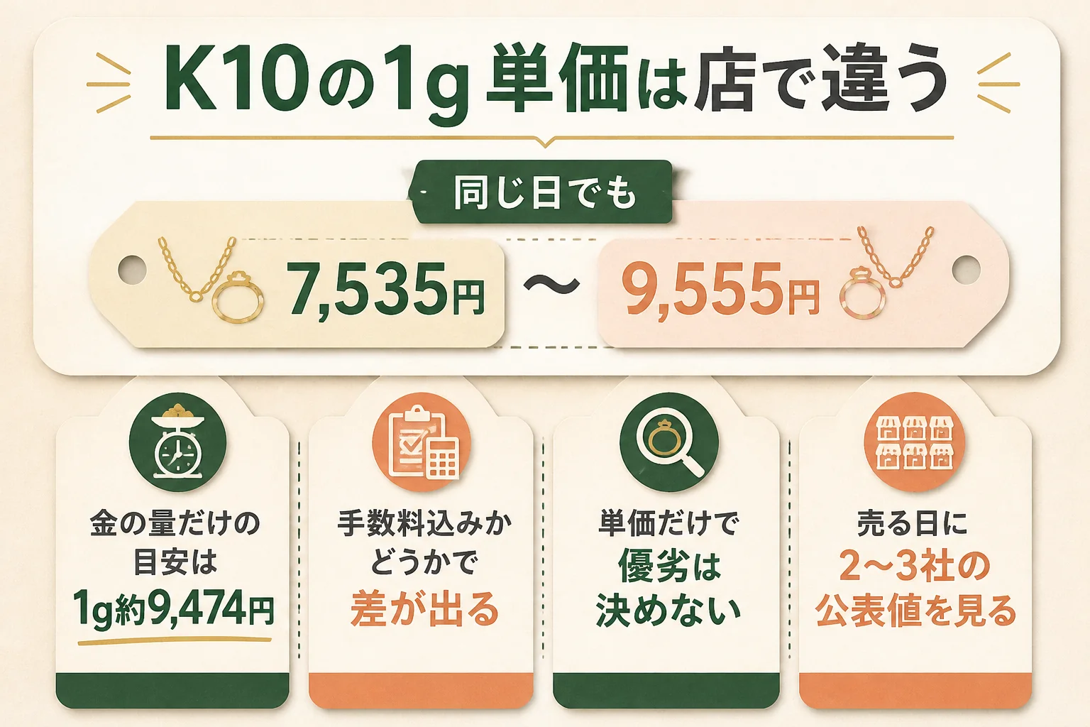 店ごとのK10の1g単価の見方を示した図解