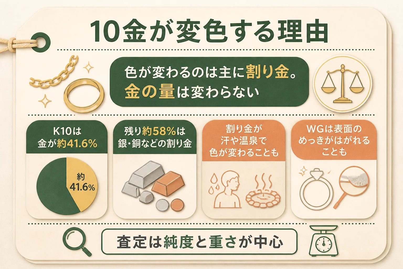 10金が変色する理由と金の量が変わらない仕組みの図解