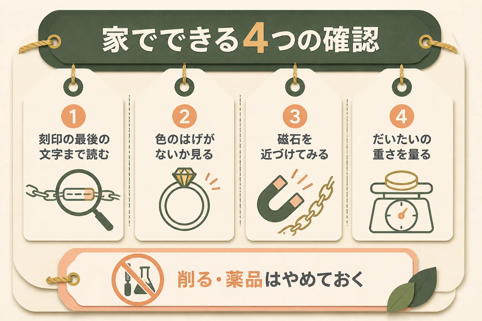 10金の本物を家で見分ける4つの確認の図解