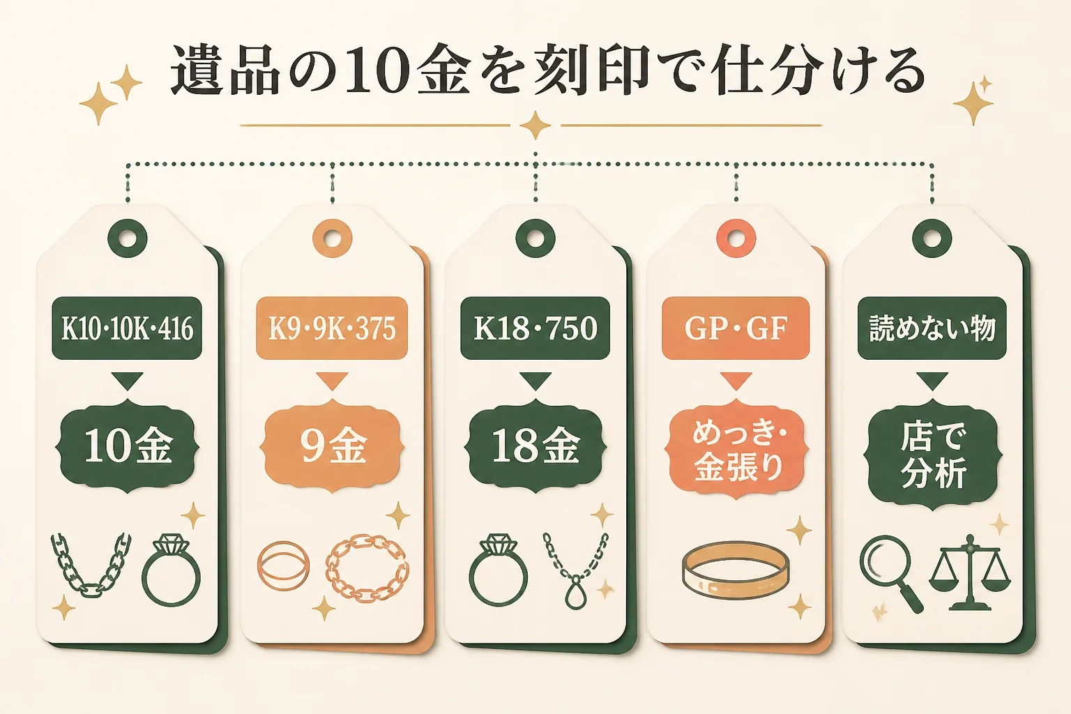 遺品の10金を刻印で仕分ける方法の図解