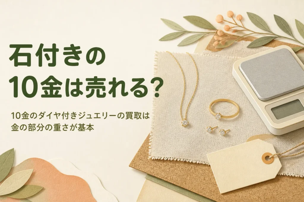 10金のダイヤ付きジュエリーの買取と石の重さの扱いを説明する記事のアイキャッチ