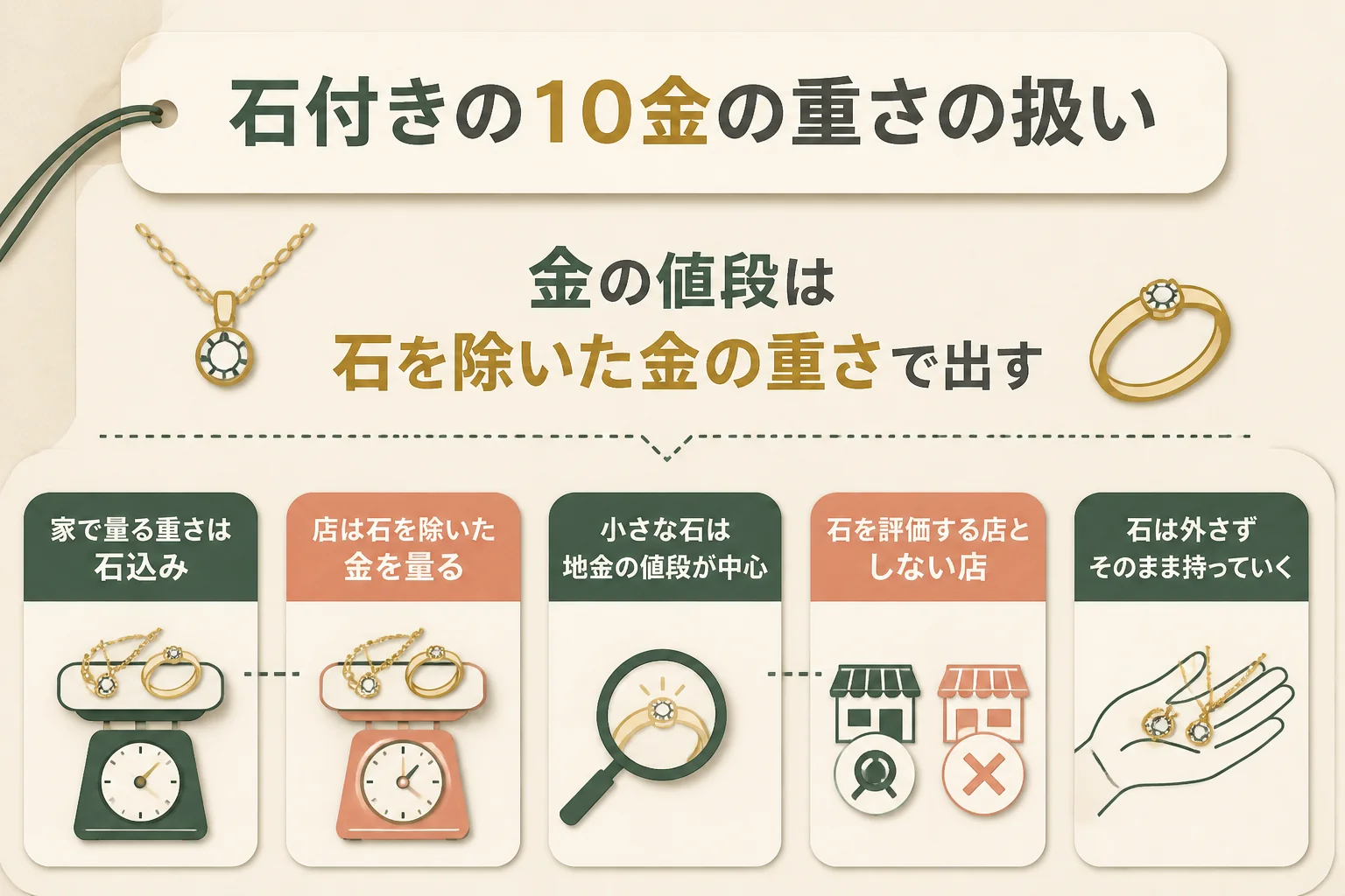 石付きの10金の重さの扱いと、店で確かめたいことの図解