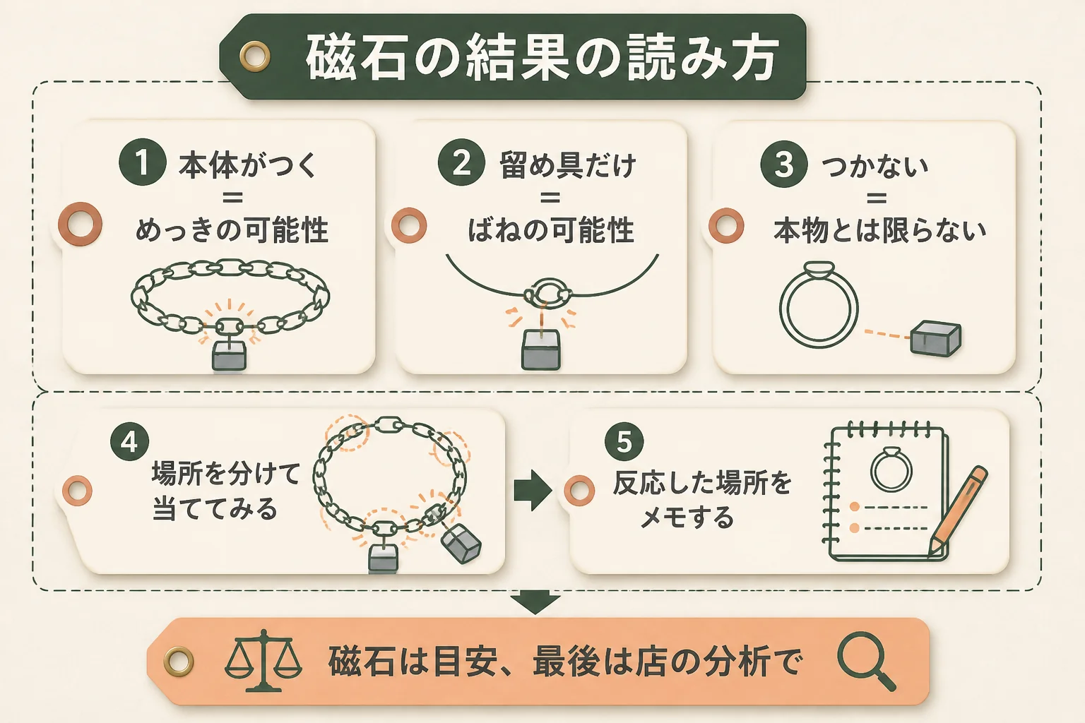 10金を磁石で確かめる時の結果の読み方の図解