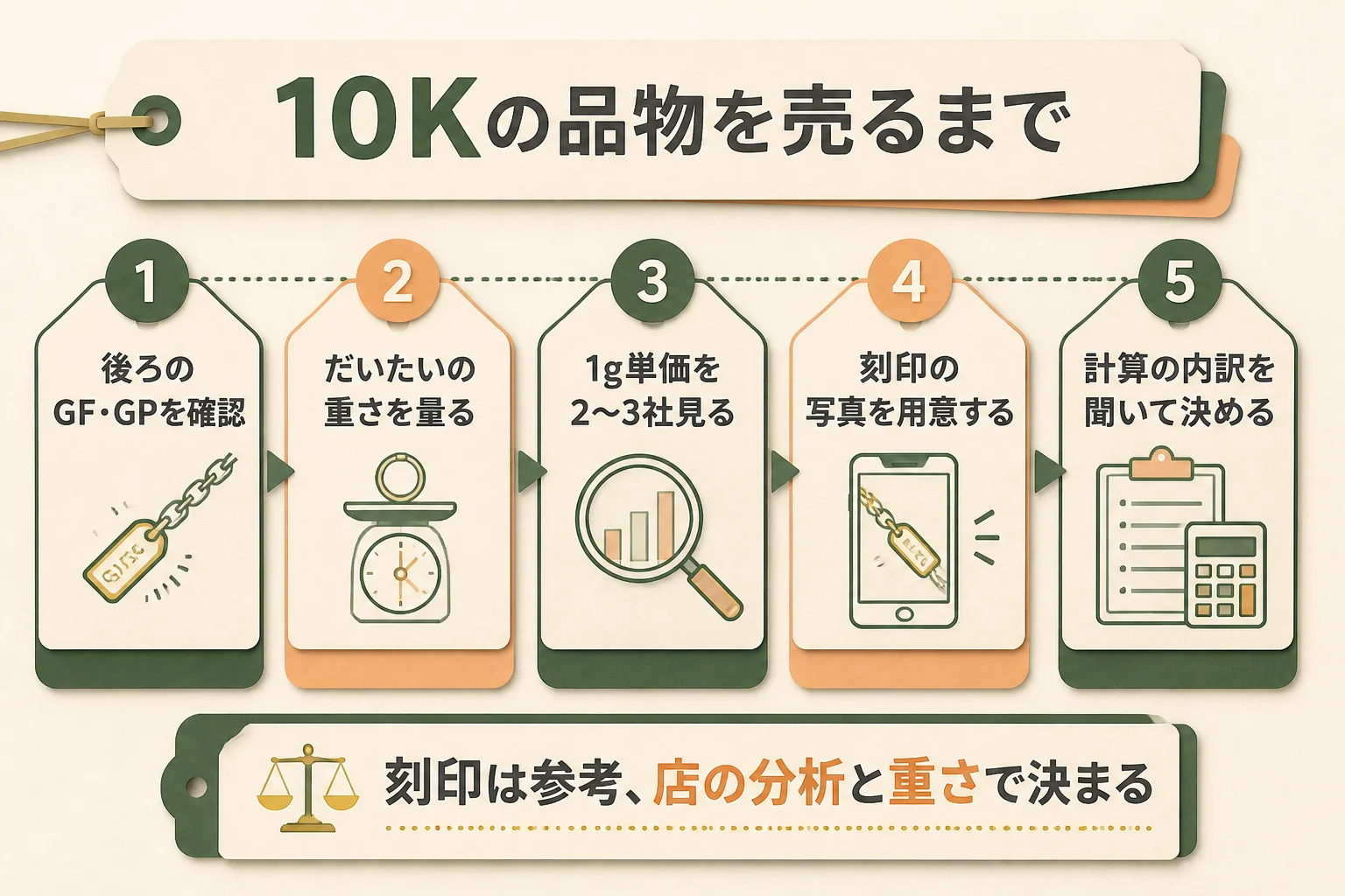 10Kの刻印の品物を売るまでの確認の流れの図解