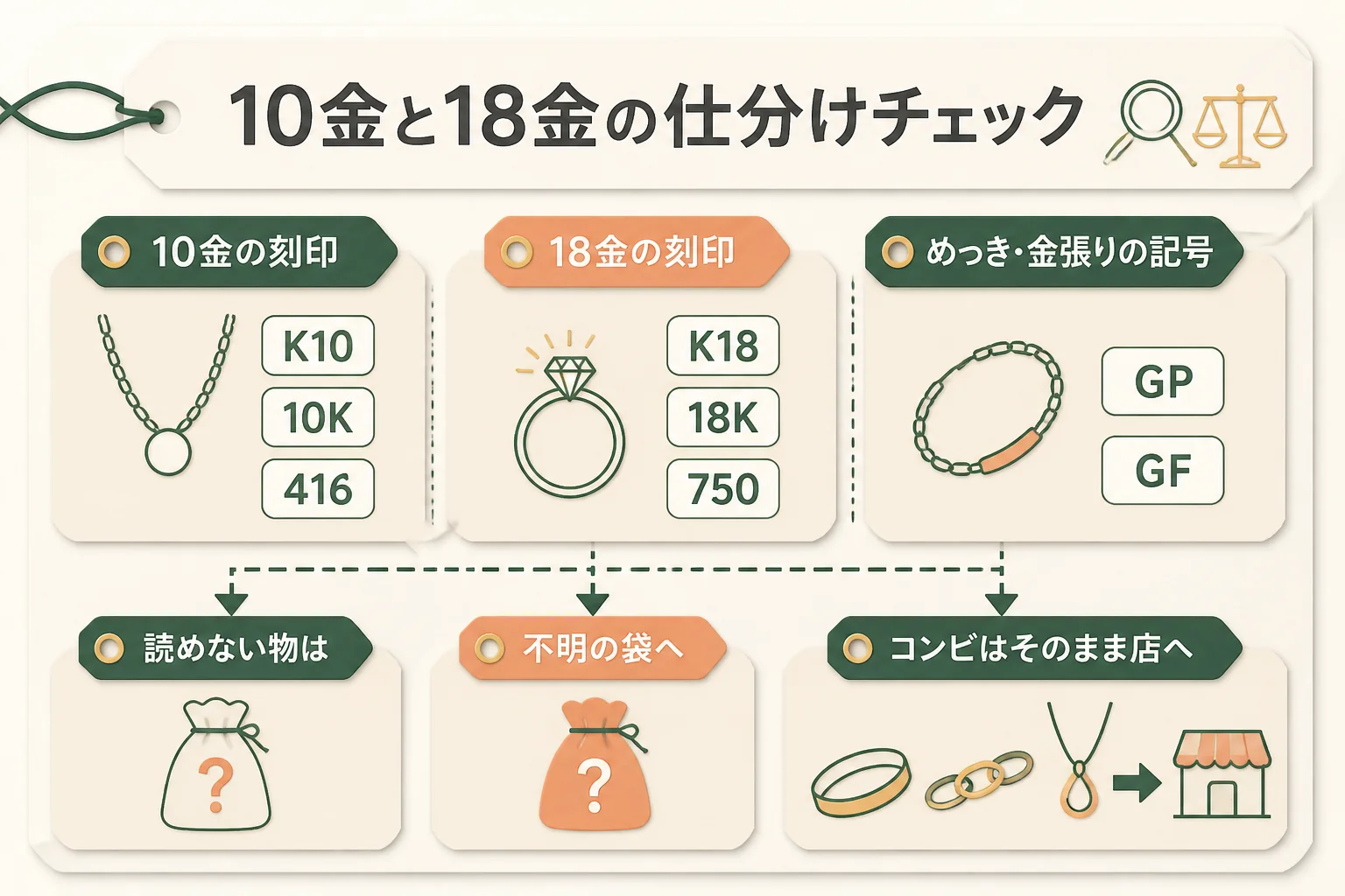 10金と18金を刻印で仕分ける時のチェックポイントの図解