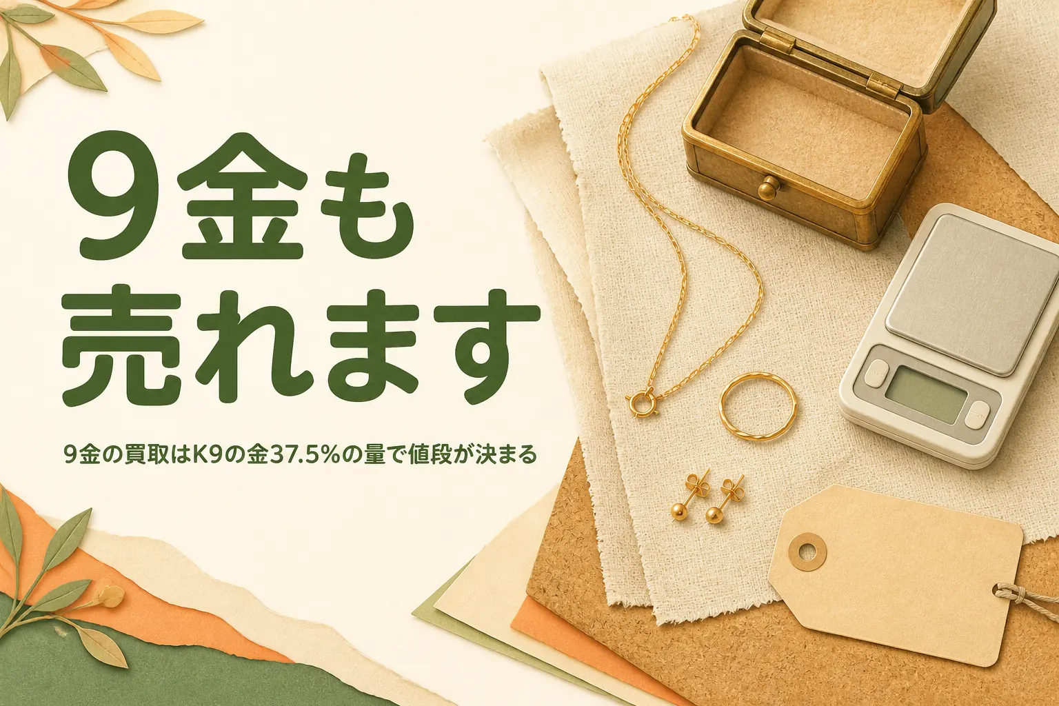 9金の買取のアイキャッチ。金色の指輪とチェーンとはかり