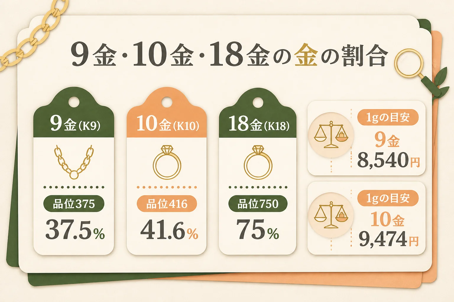 9金に入っている金の割合と、10金・18金との違いをまとめた図解