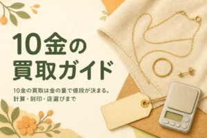 10金の買取ガイドのアイキャッチ。金色のチェーンと指輪とはかり
