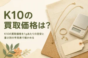 K10の買取価格の目安を確かめる金色のチェーンと指輪とはかり