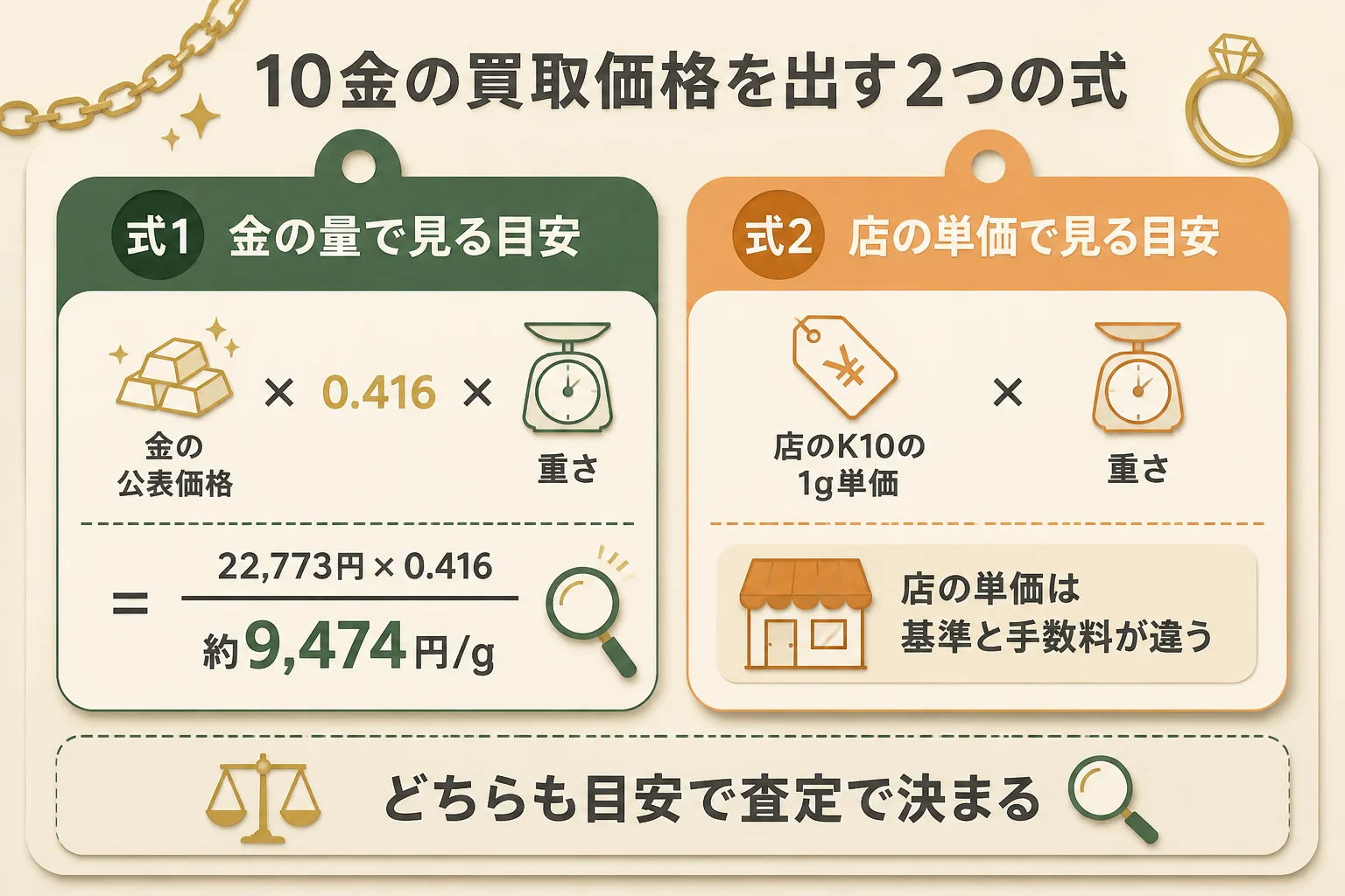 10金の買取価格を出す2つの計算式の図解