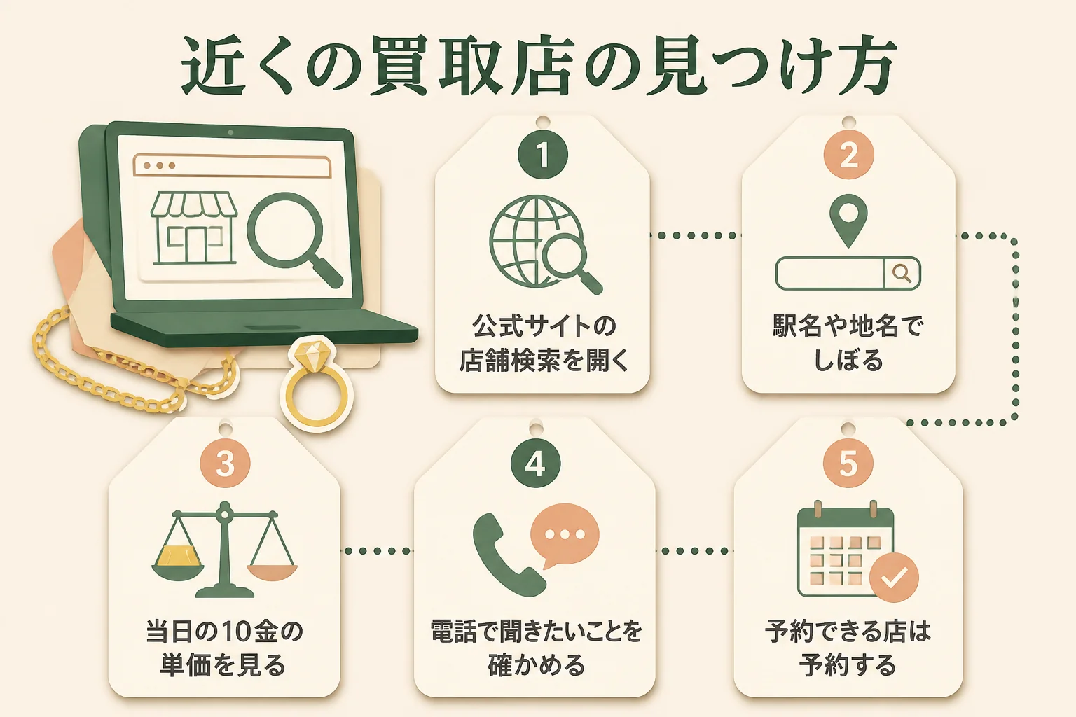 新宿や難波で近くの10金買取の店を見つける手順の図解