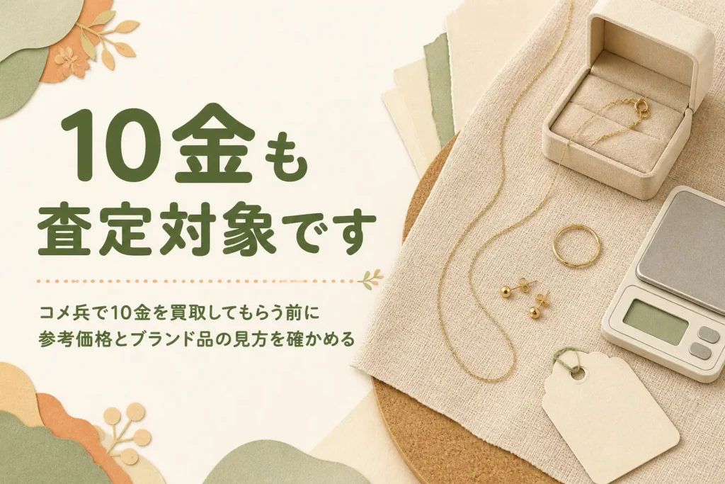 コメ兵で10金を買取してもらう時の参考価格とブランド品の査定を紹介する記事のアイキャッチ