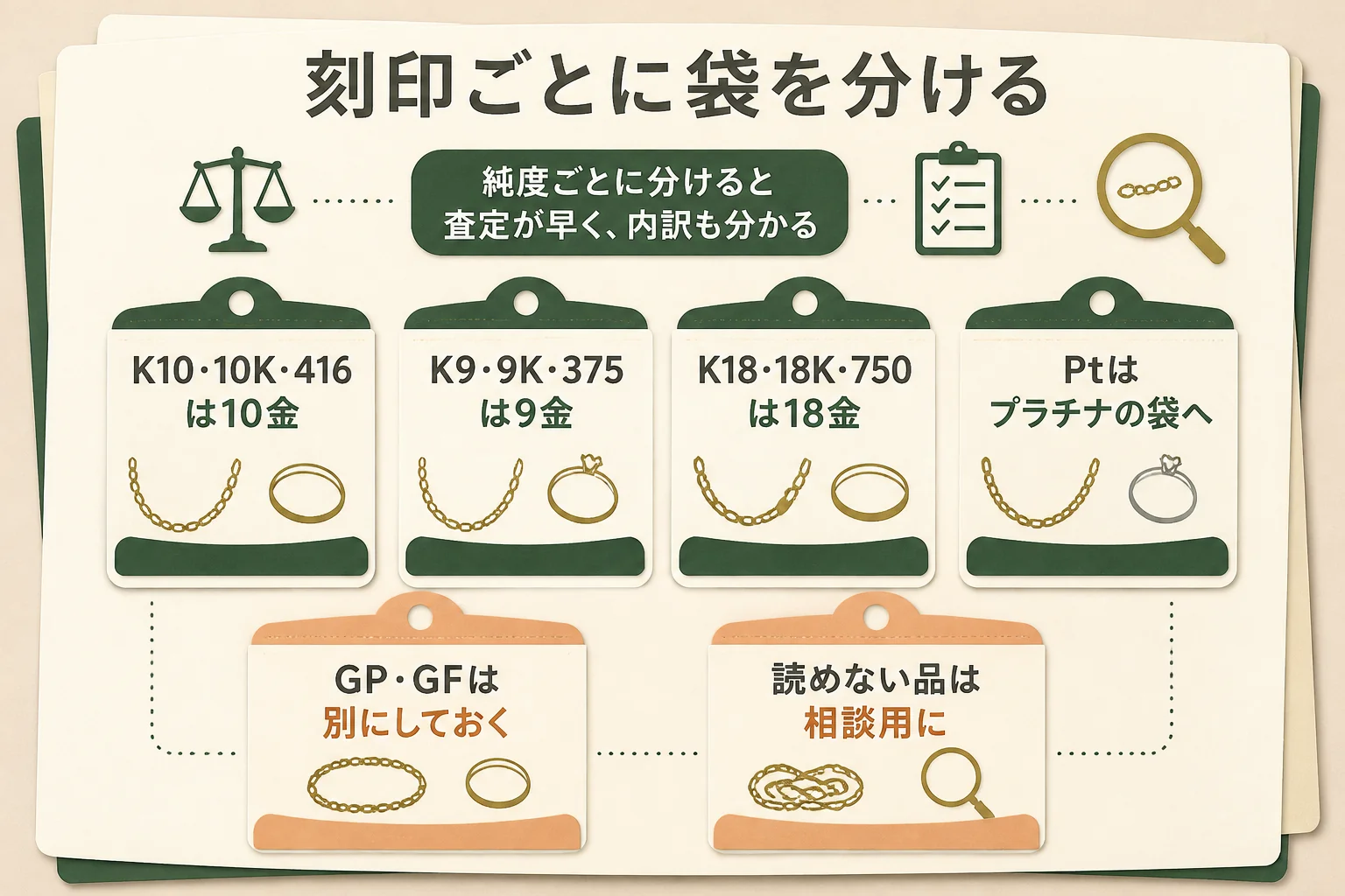 混ざったアクセサリーを刻印ごとに仕分ける方法の図解