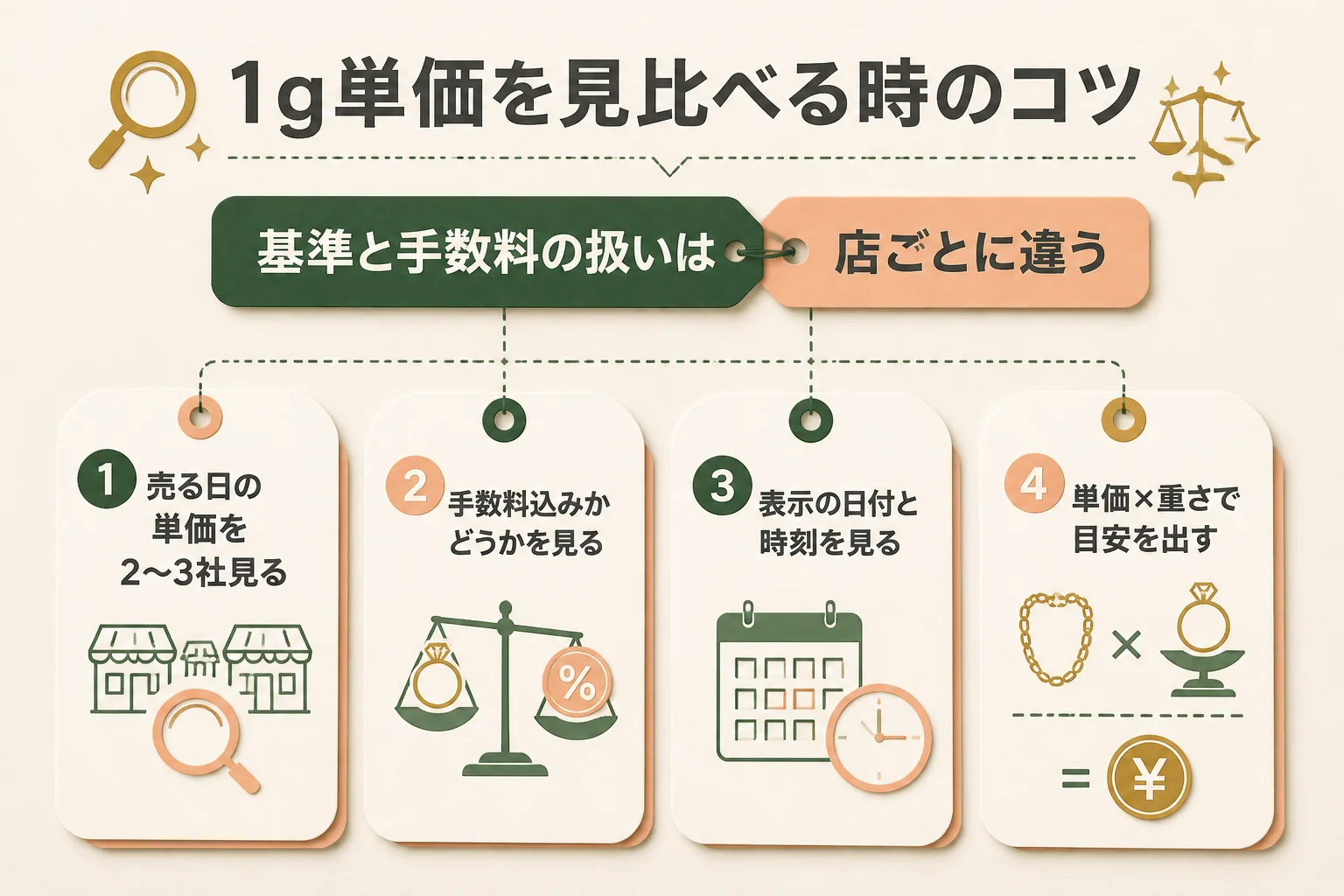 10金の1g単価を店ごとに見比べる時のポイントの図解