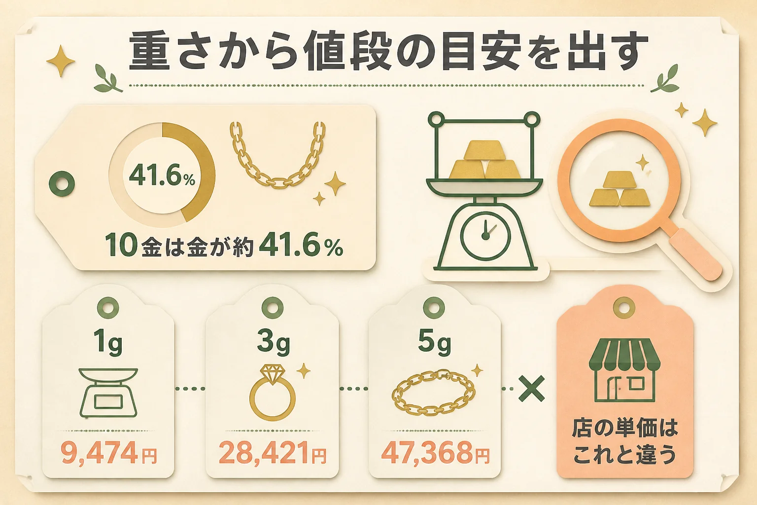 10金の重さが分かった後の値段の目安の出し方の図解