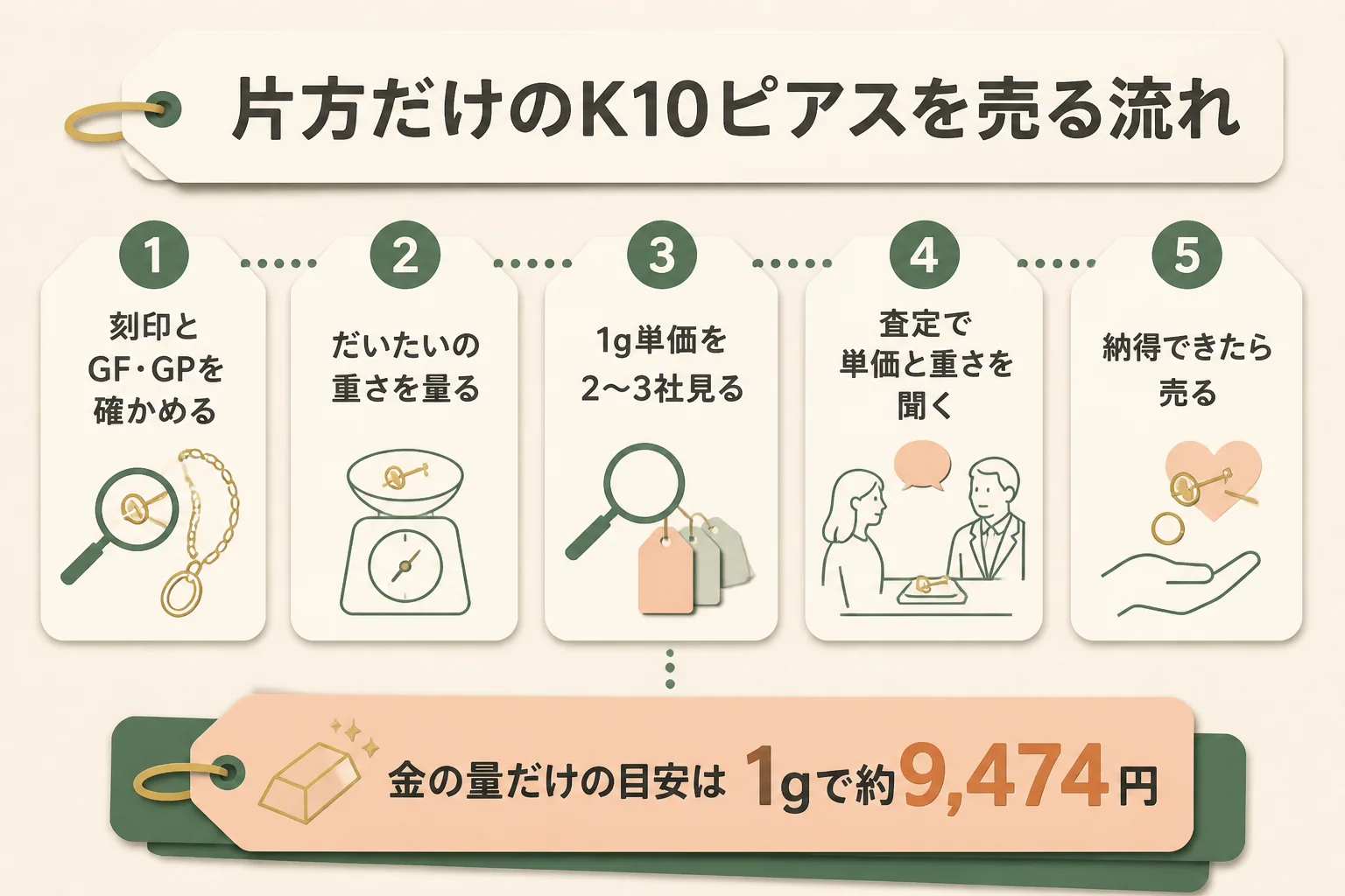 片方だけのK10ピアスを売るまでの流れの図解