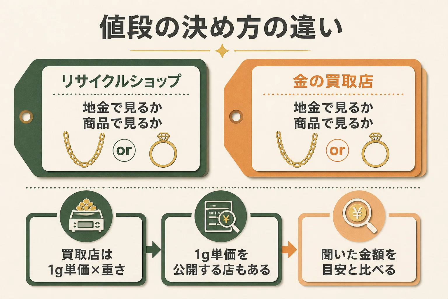 リサイクルショップと金の買取店の値段の決め方の違いの図解