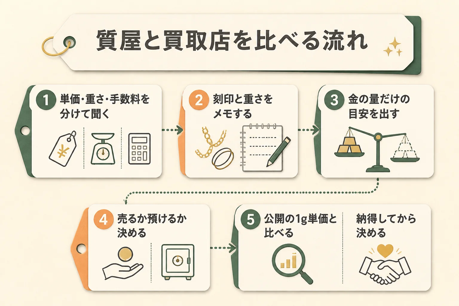 10金を質屋と買取店で比べる時の流れの図解