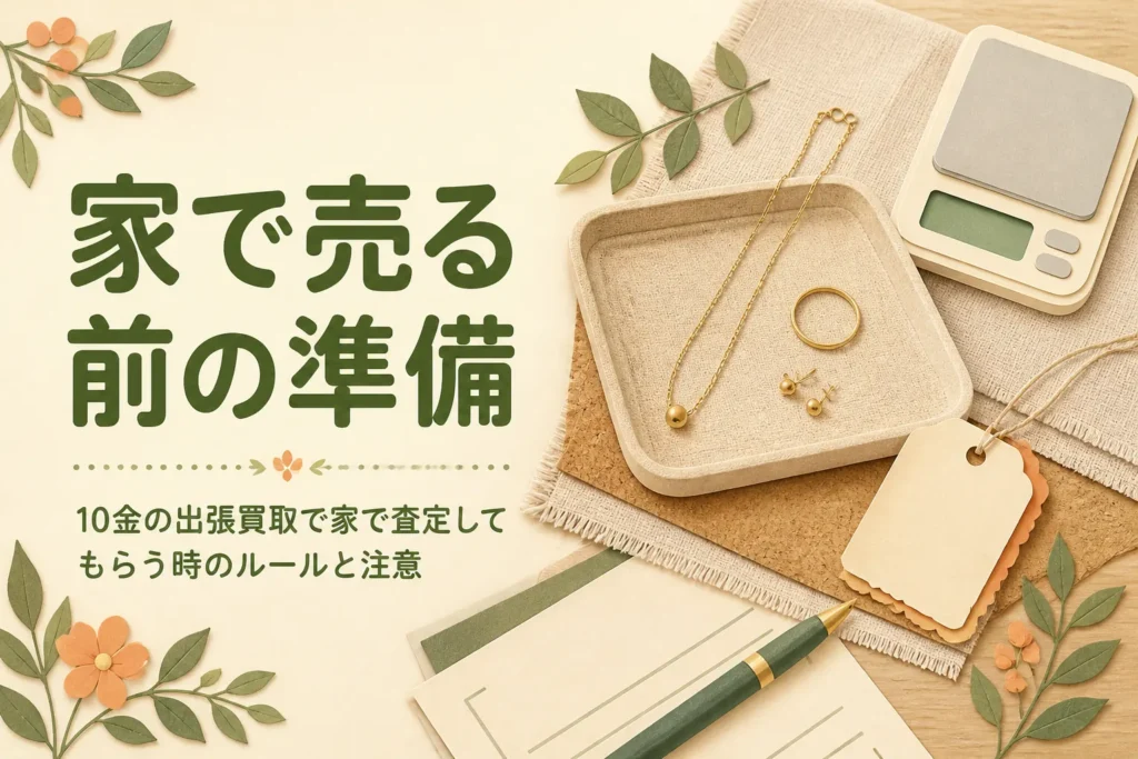 10金の出張買取で家で査定してもらう時のルールと注意を紹介する記事のアイキャッチ