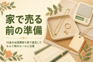 10金の出張買取で家で査定してもらう時のルールと注意を紹介する記事のアイキャッチ