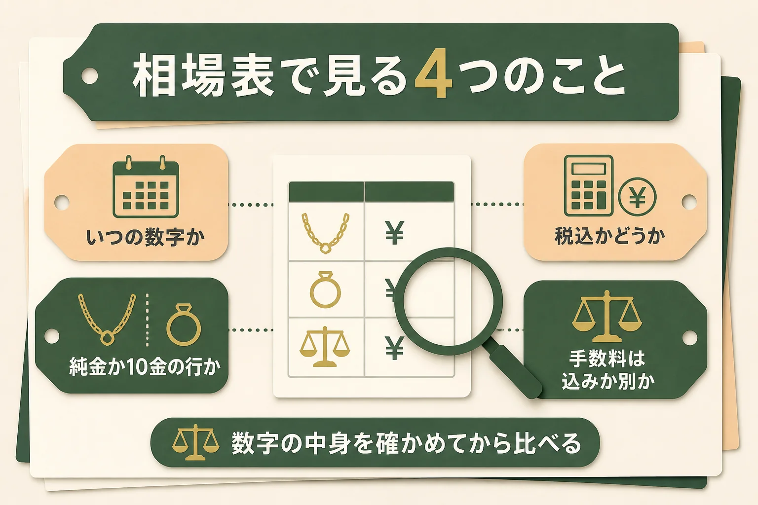 10金の相場表で見る4つのポイントを示した図解