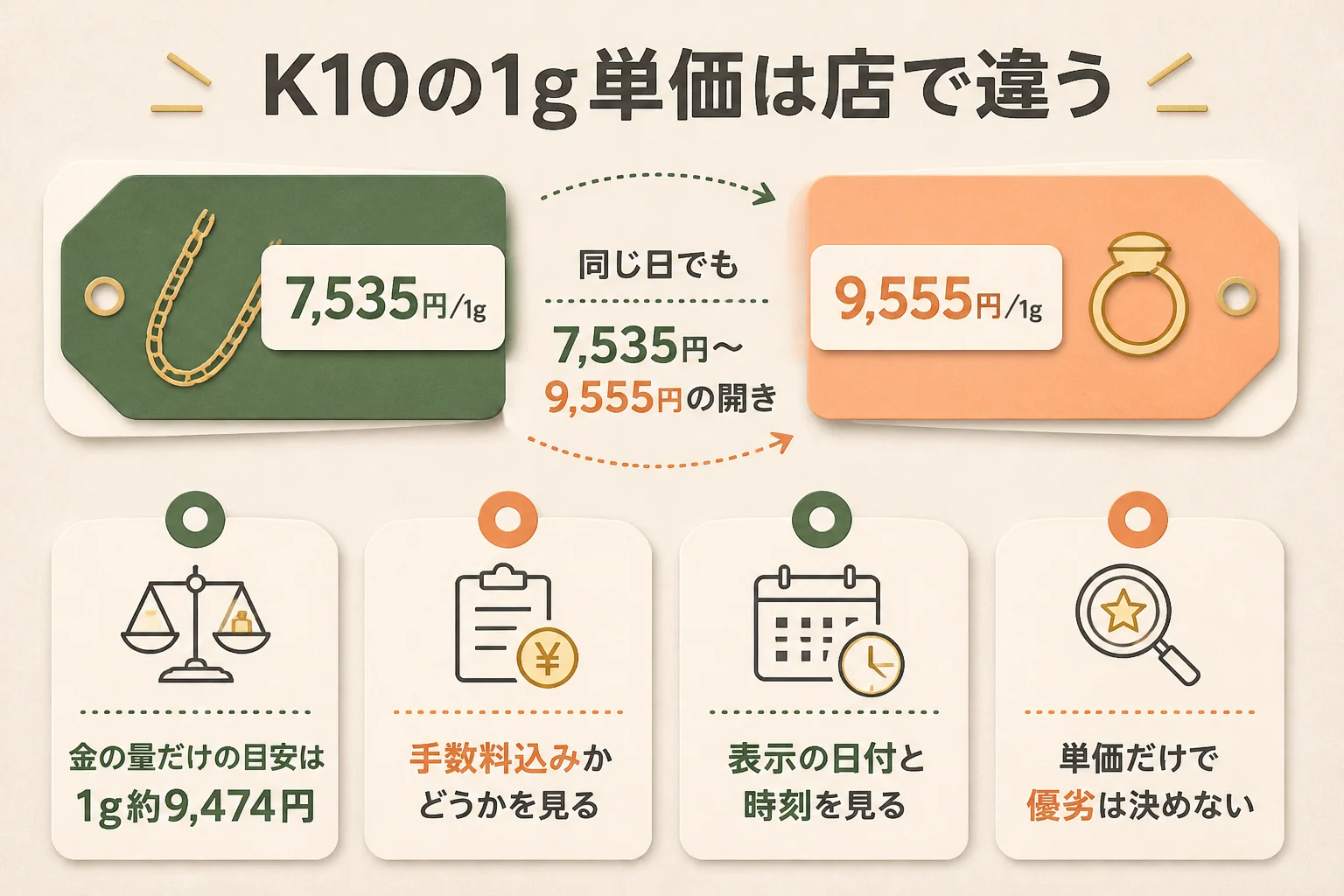 店ごとのK10の1g単価と手数料の見方を示した図解