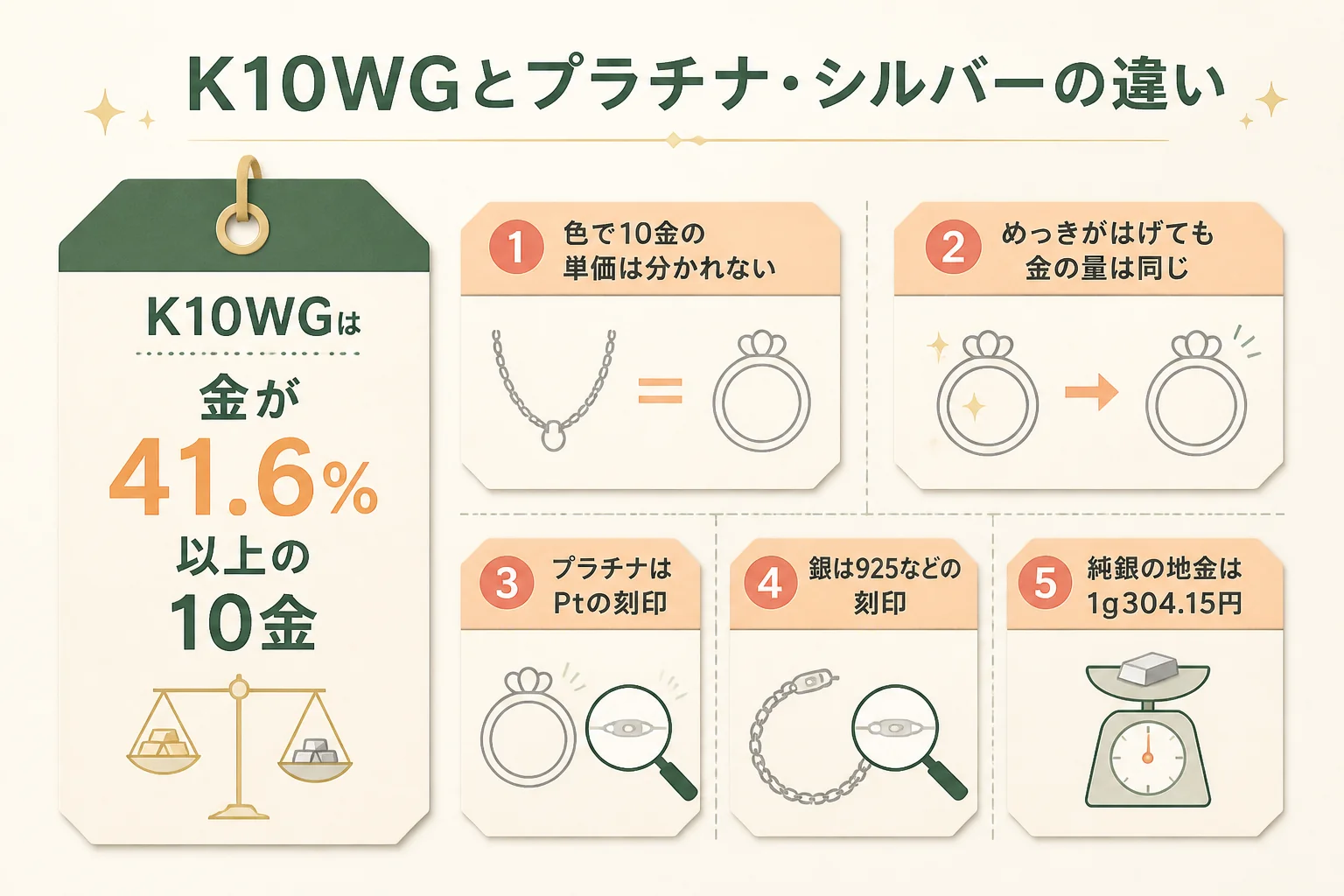 K10WGの値段の決まり方と、プラチナ・シルバーとの違いの図解