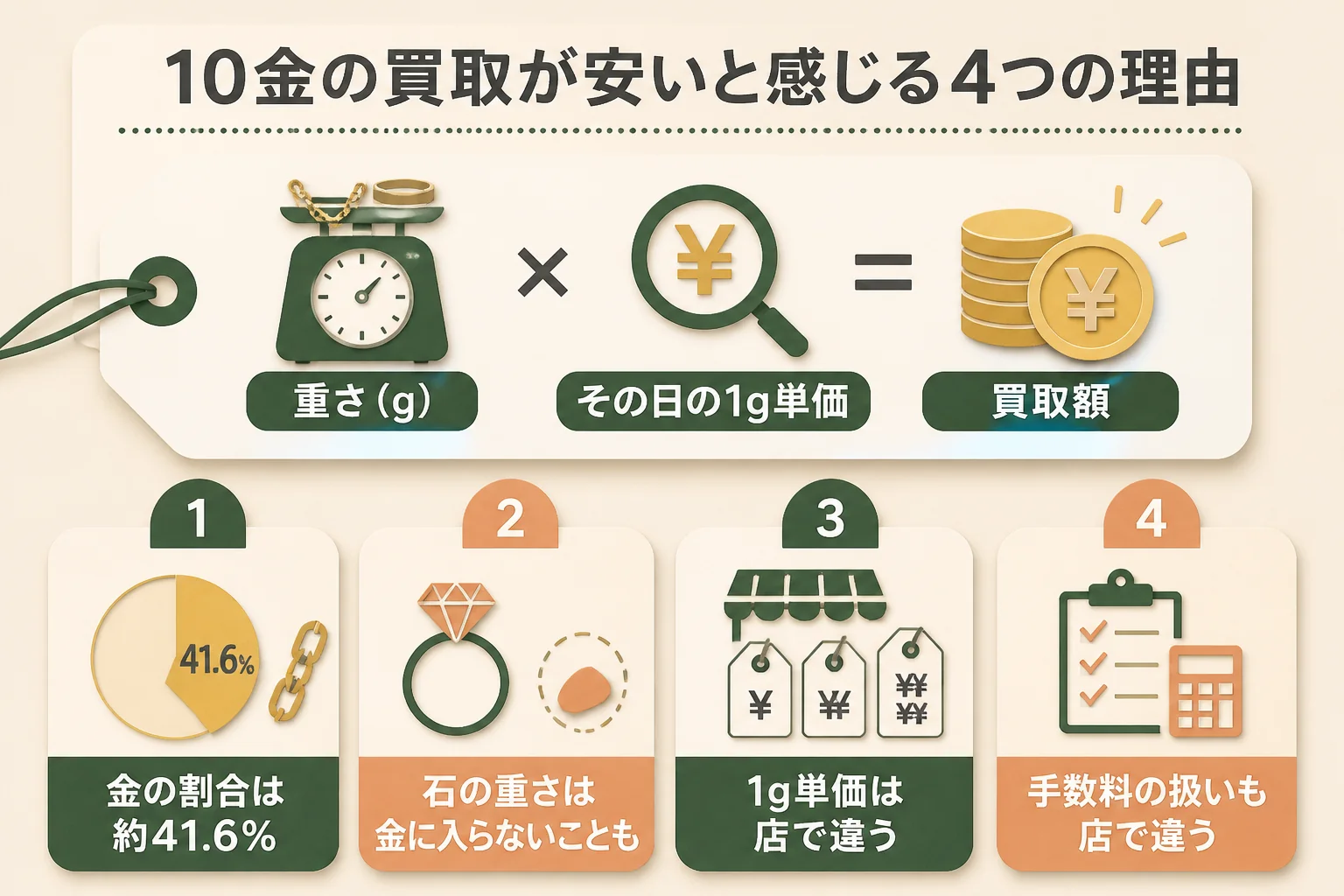 10金の買取が安いと感じる4つの理由を示した図解